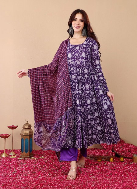 Purple Colour Rayon Printed Kurti With Pant Dupatta Wholesalers In Delhi Aaradhna 2055